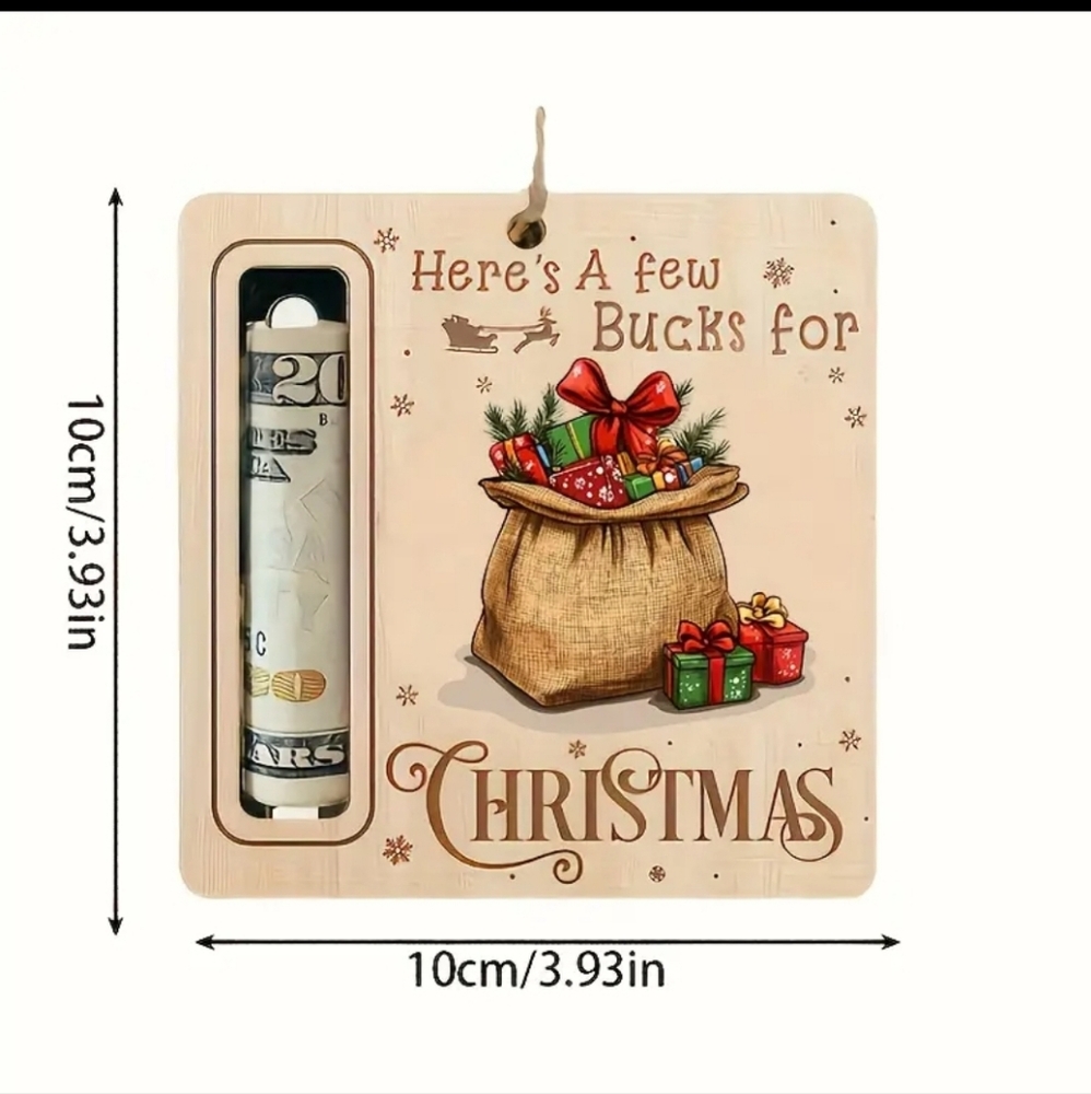 Here's A Few Bucks for Christmas Money Holder Wooden Ornament w Santa Gift Sack. - Picture 2 of 2